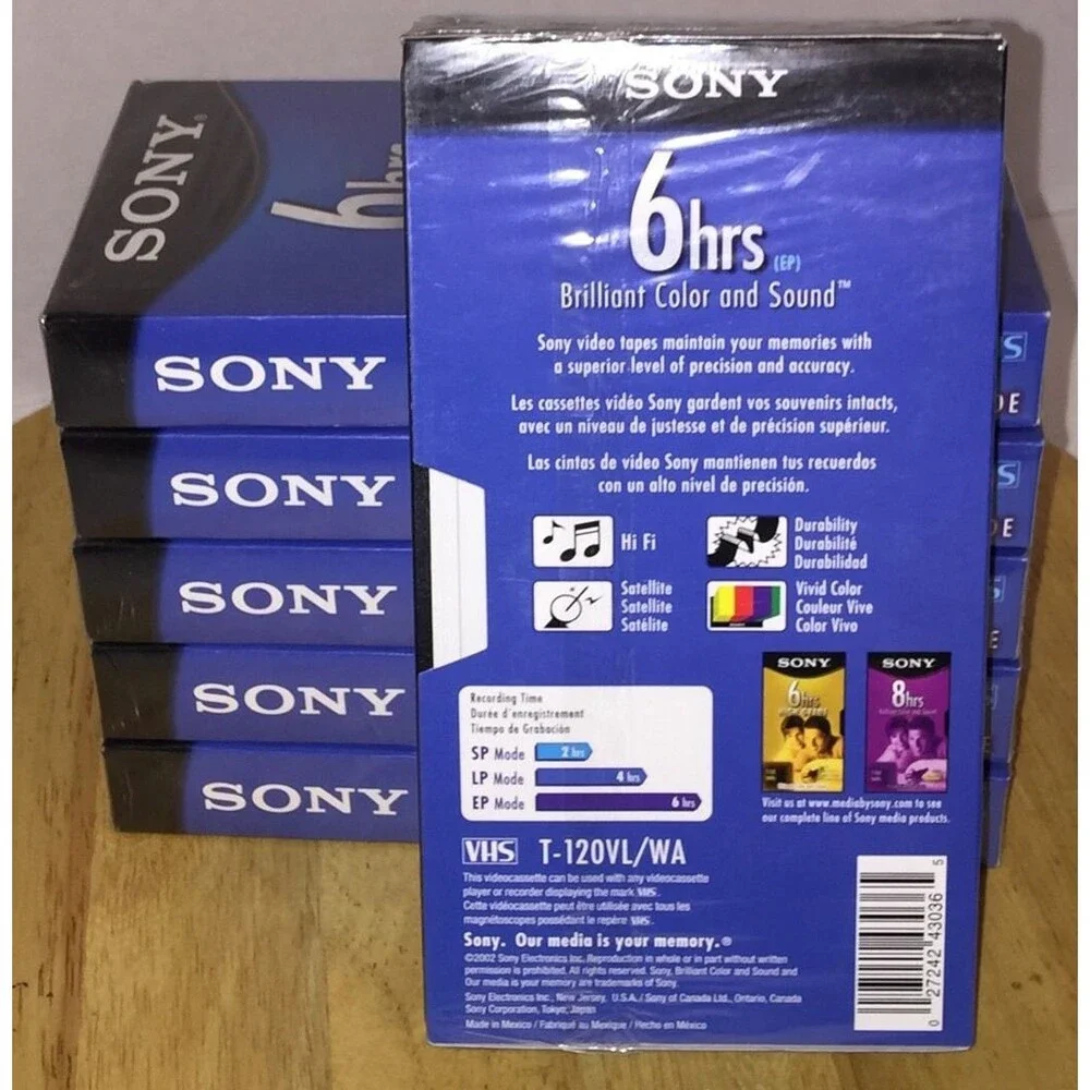 Lot of 6 Sony Standard Grade 6HRs (EP) T-120VL/WA 246m New & Sealed VHS Tapes